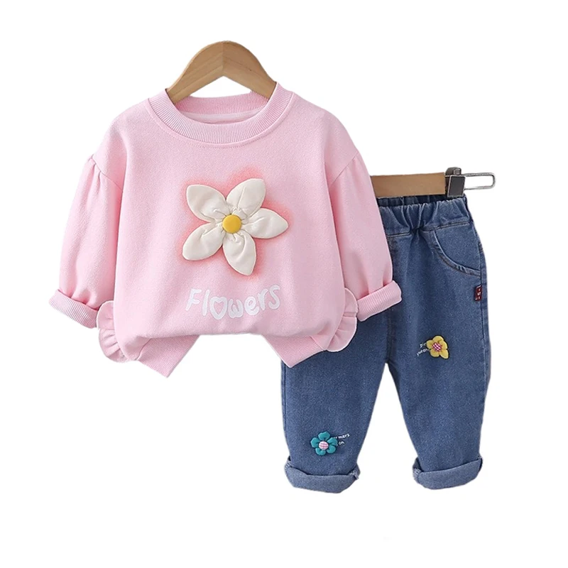 Set di abbigliamento per bambini per neonate felpa floreale in pizzo Jeans 2 pezzi vestito vestiti per neonati abiti costumi da principessa per