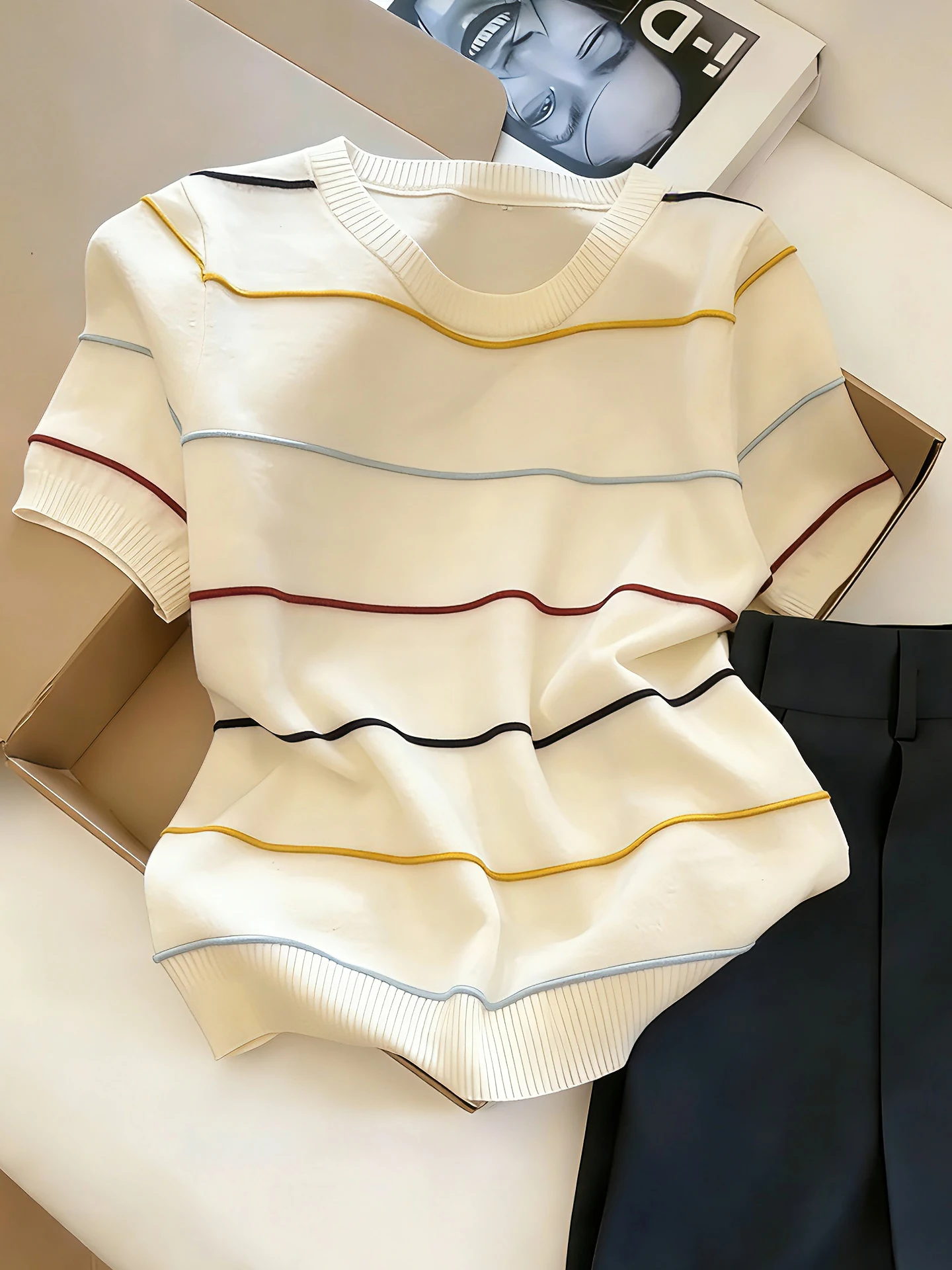  Striped Loose Fit Short Sleeve T-Shirt Unisex Summer Fashionable Design Shoulder Width Regular Straight Korean Style...