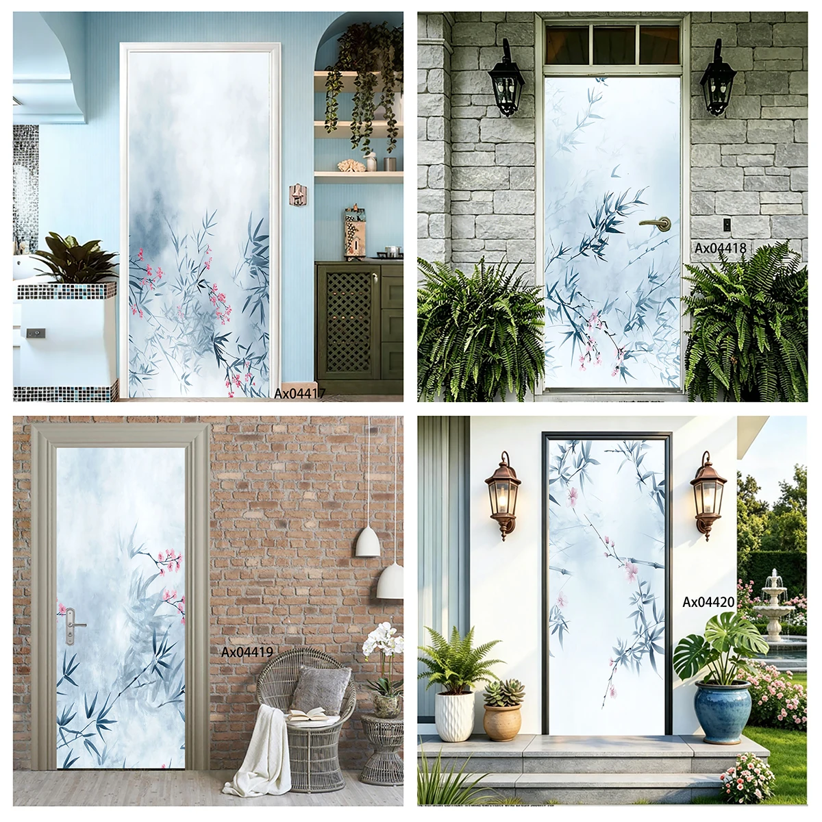 Ink Wash Light Green Bamboo Branch Vertical Door Sticker Self-adhesive Waterproof Vinyl Decal for Bedroom Interior Door Decor
