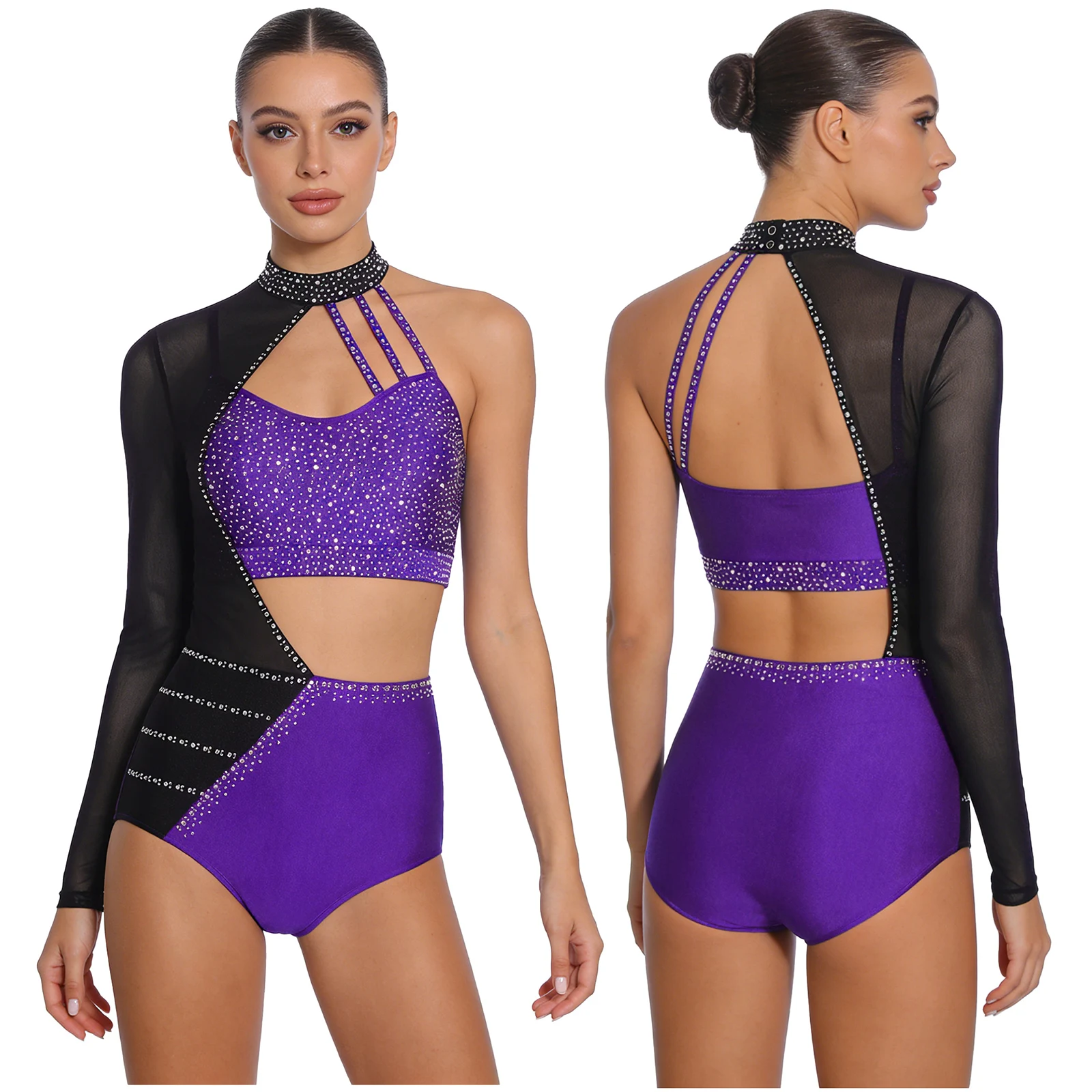 

Women Rhythmic Gymnastics Leotard Bodysuit Figure Skating Ballet Costume Dancewear Rhinestones Asymmetrical Hollow Out Jumpsuit