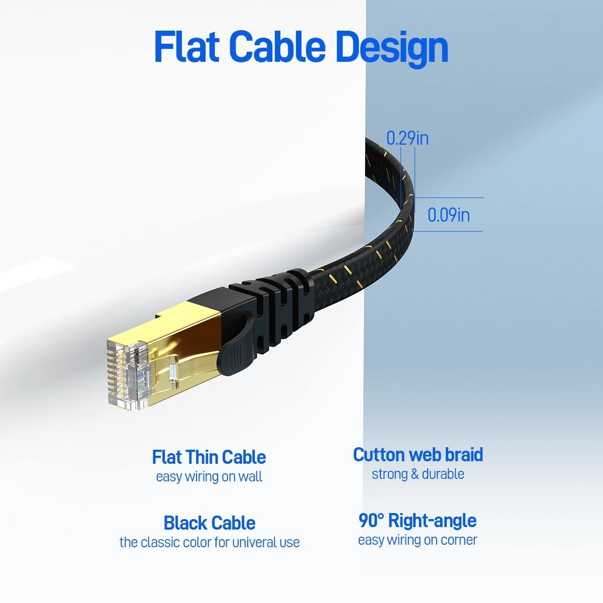 AMPCOM Network Cable Flat Slim Braided RJ45 Cat7/ 6A Lan Cable STP RJ 45 Ethernet Patch Cord for Computer, Router, Switch, PC