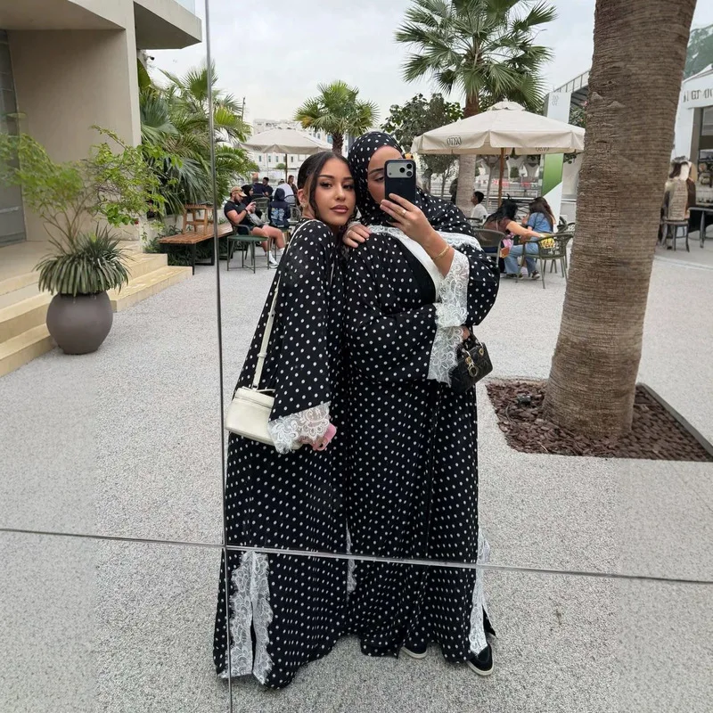 Muslim Abaya Dress With Hijab 2Pcs Set Solid Color Long Sleeve Plus Size Lace Patchwork Polka Dot Islamic Outfit Ramadan Wear