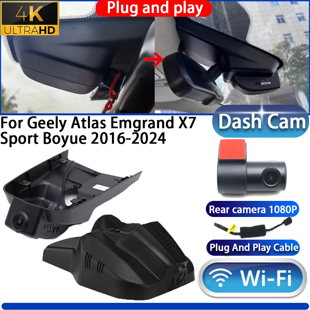 For Geely Atlas Emgrand X7 Sport Boyue 2016-2024 Dash Cam Camera DVR 4K UHD 2160P Night Vision Wifl Plug And Play Video Recorder