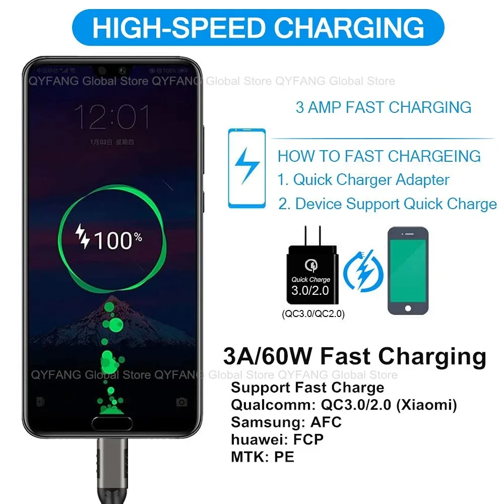 USB3.2 Gen2 10Gbps Cable Type A to USB C 3.2 Data SSD Hard Disk Cable 60W QC 3.0 Fast Charging For Galaxy Google Android Carplay