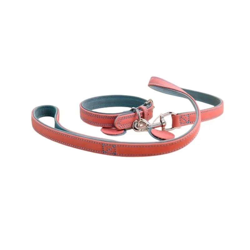 

High Quality Durable Genuine Cow Leather Dog Leash Collar Set Solid Pattern Luxury Real Pet Lead Collar Factory Wholesale