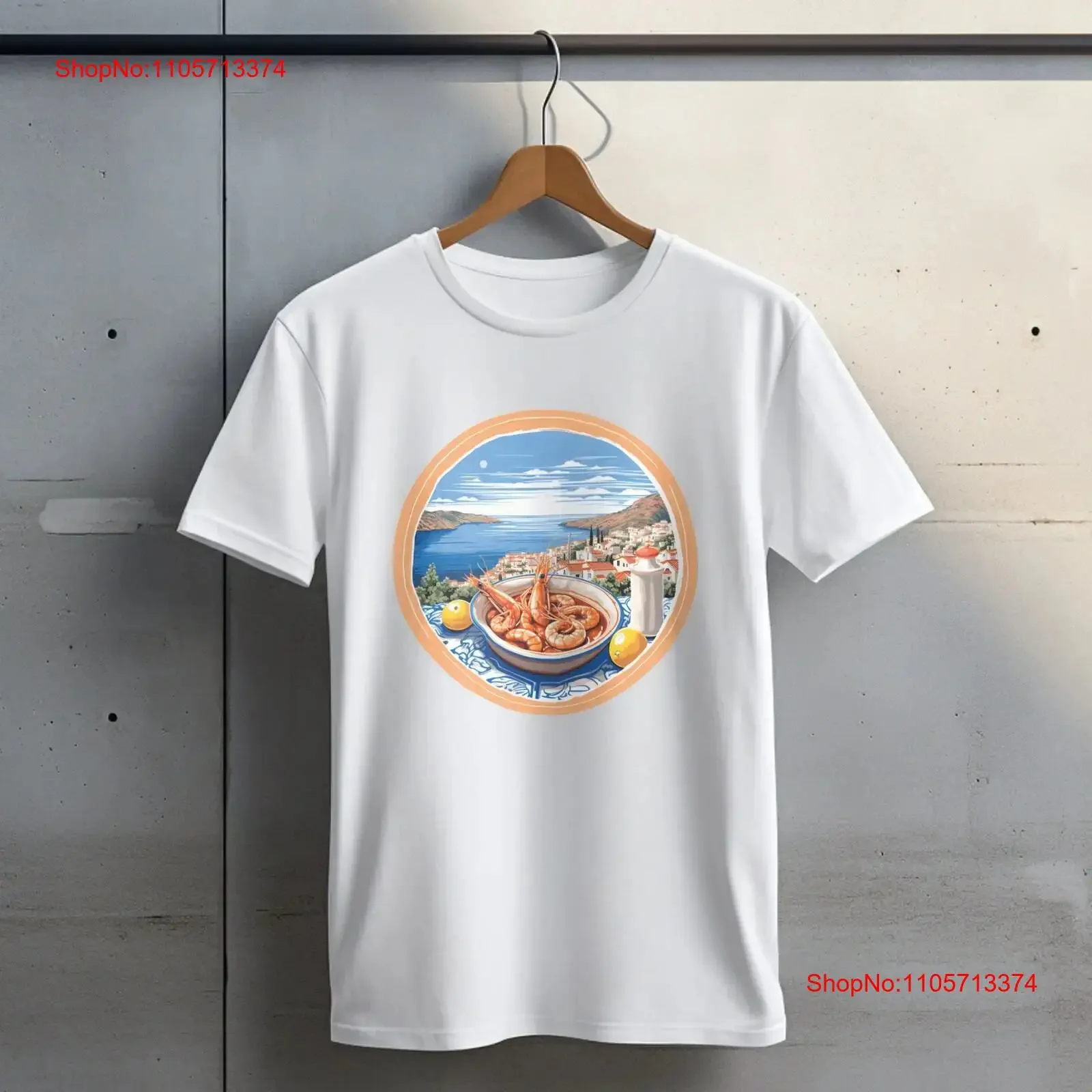 Men's Classic T Shirt Shrimp Saganaki Santorini Greece Greek Coastal Cuisine Mediterranean Vibes Global Bite Adventure vintage