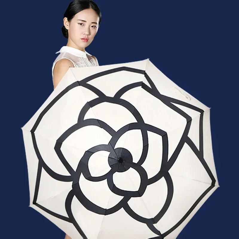 Hot SaleHigh Appearance Level Sun Umbrella Simple Sense Light Luxury French Camellia Small Fragrant Wind Vinyl UV Umbrella Girls