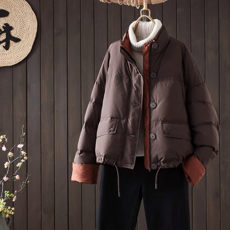 Schinteon 女性ホワイトダックダウンジャケットカジュアルルーズ秋冬生き抜くスタンドカラー韓国スタイルカラーブロックコート 2025 新しい