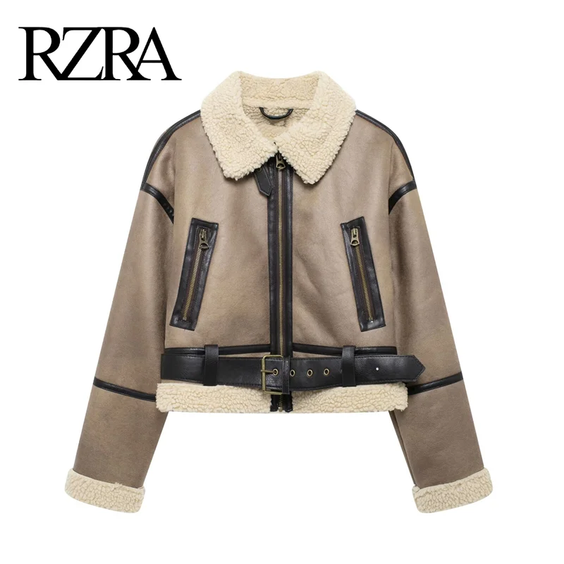 RZRA original 2024 winter new women's fur one-piece fleece short jacket jacket with belt street style fashionable and versatile