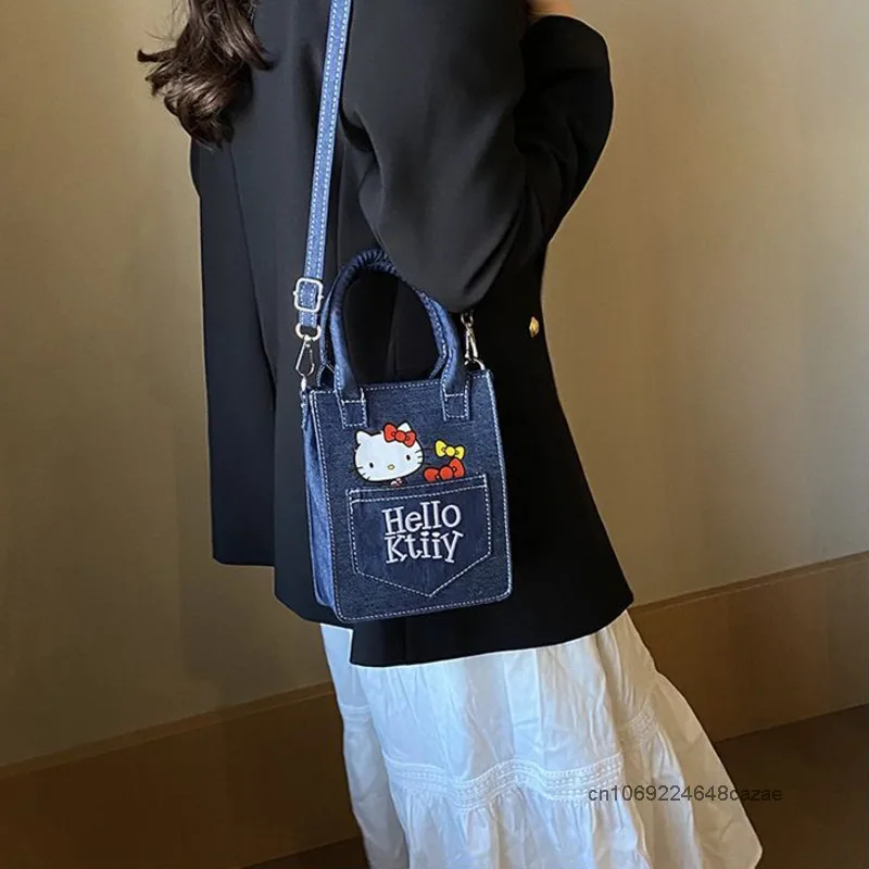 Sanrio Hello Kitty, стильная мини-сумка-тоут, ручная сумка весна-лето 2024, новая джинсовая сумка через плечо, модная сумка на плечо в японском стиле