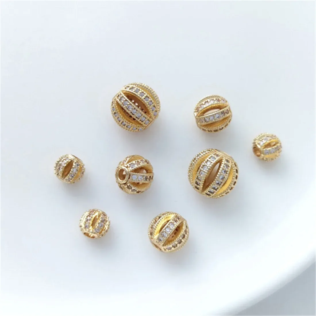 

14K Gold-Color Pumpkin Beads Micro-inlaid Zircon Hollow Balls Watermelon Beads DIY Pearl Jewelry Diamond Ball Bead Accessories