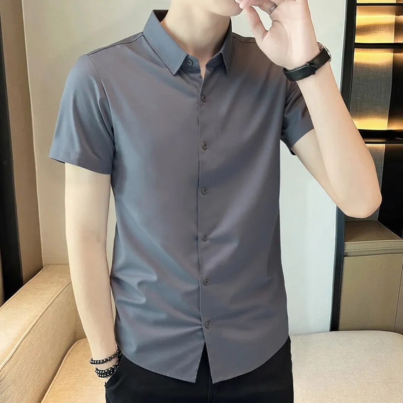 QICHE Men Summer Seamless Wrinkle Free Stretch Short Sleeve Shirt Young Business Casual Handsome Daily Work Blouse