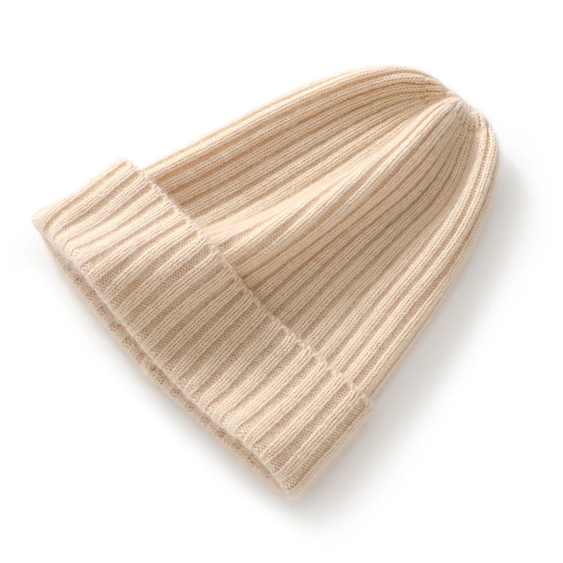 

100% cashmere head cap solid color vertical stripes thick knitted bean hat warm woolen hat pile cold hat pullover cap basin cap