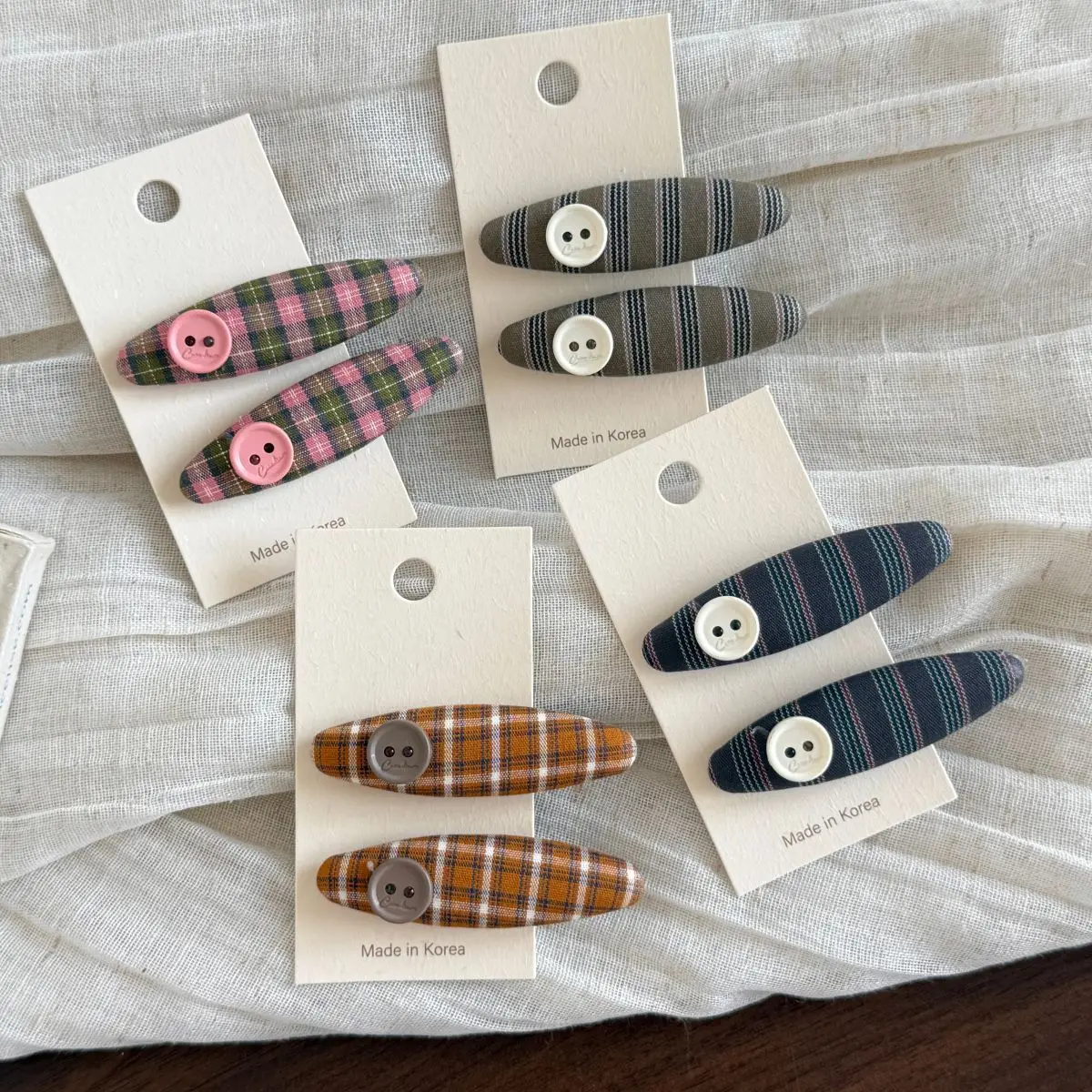 New Vintage Korean Style Button Hair Clips Plaid Fabric Duck Bill Clip Oval Hairpins For Side Bangs Women Girls Hair Accessories