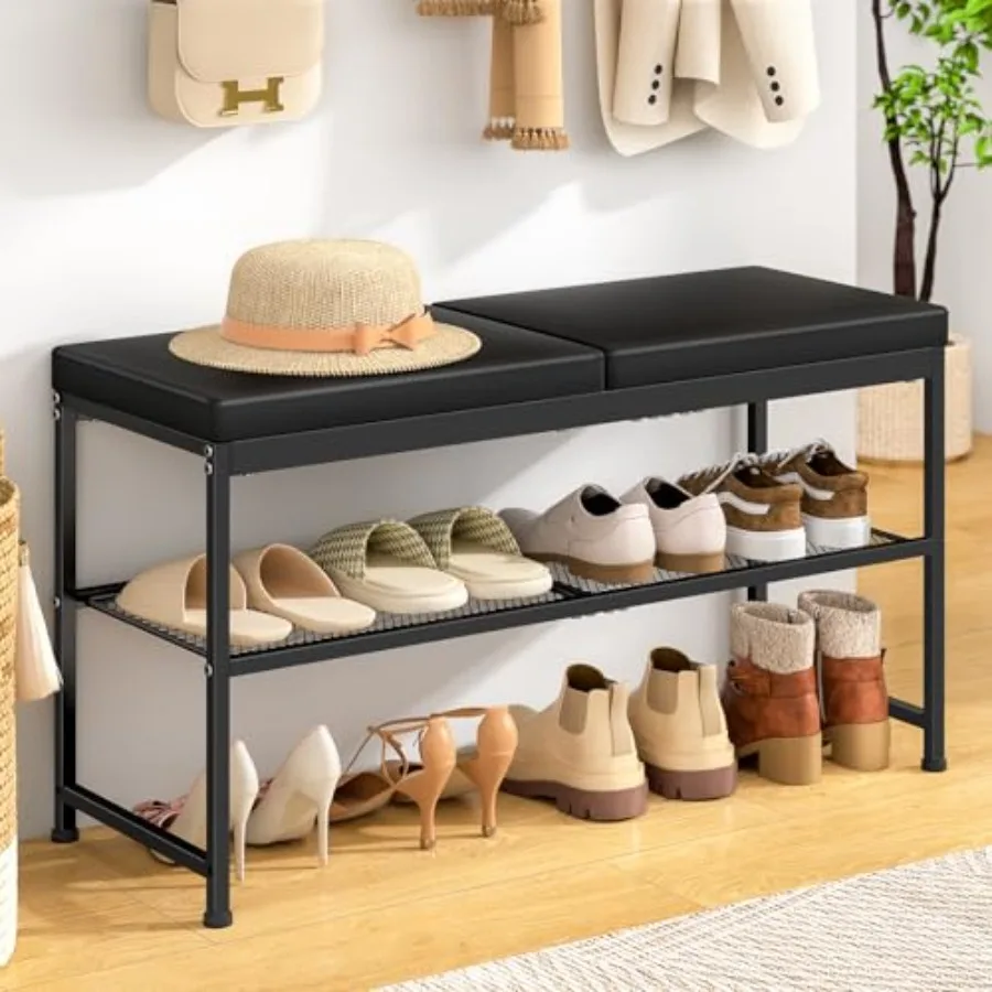 

Shoe Rack Bench 2-Tier Shoe Storage Organizer with PU Seat Cushion Entryway Bench with Height-Adjustable Metal Mesh Shelves Mod