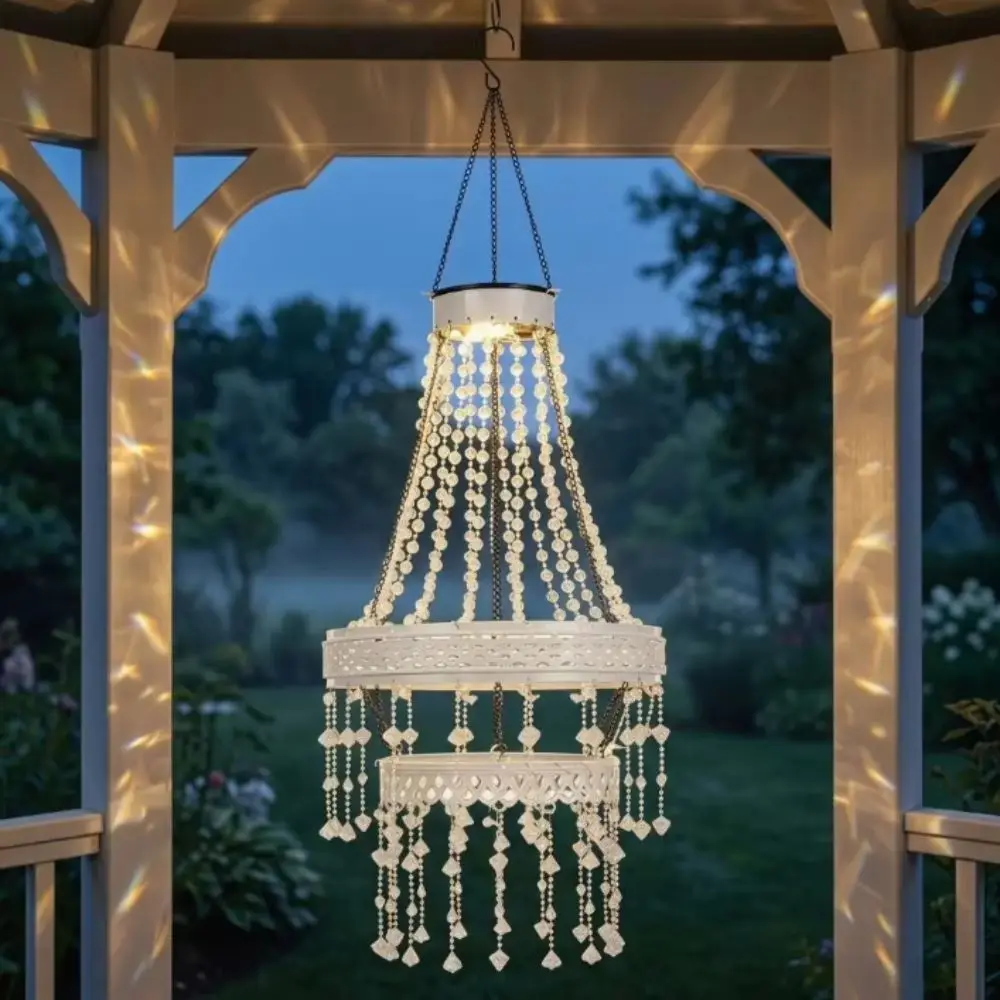 Waterproof Solar Hanging Lantern Crystal Acrylic Modern Design Outdoor Pendant Light Simulated Bead Accents Cool White