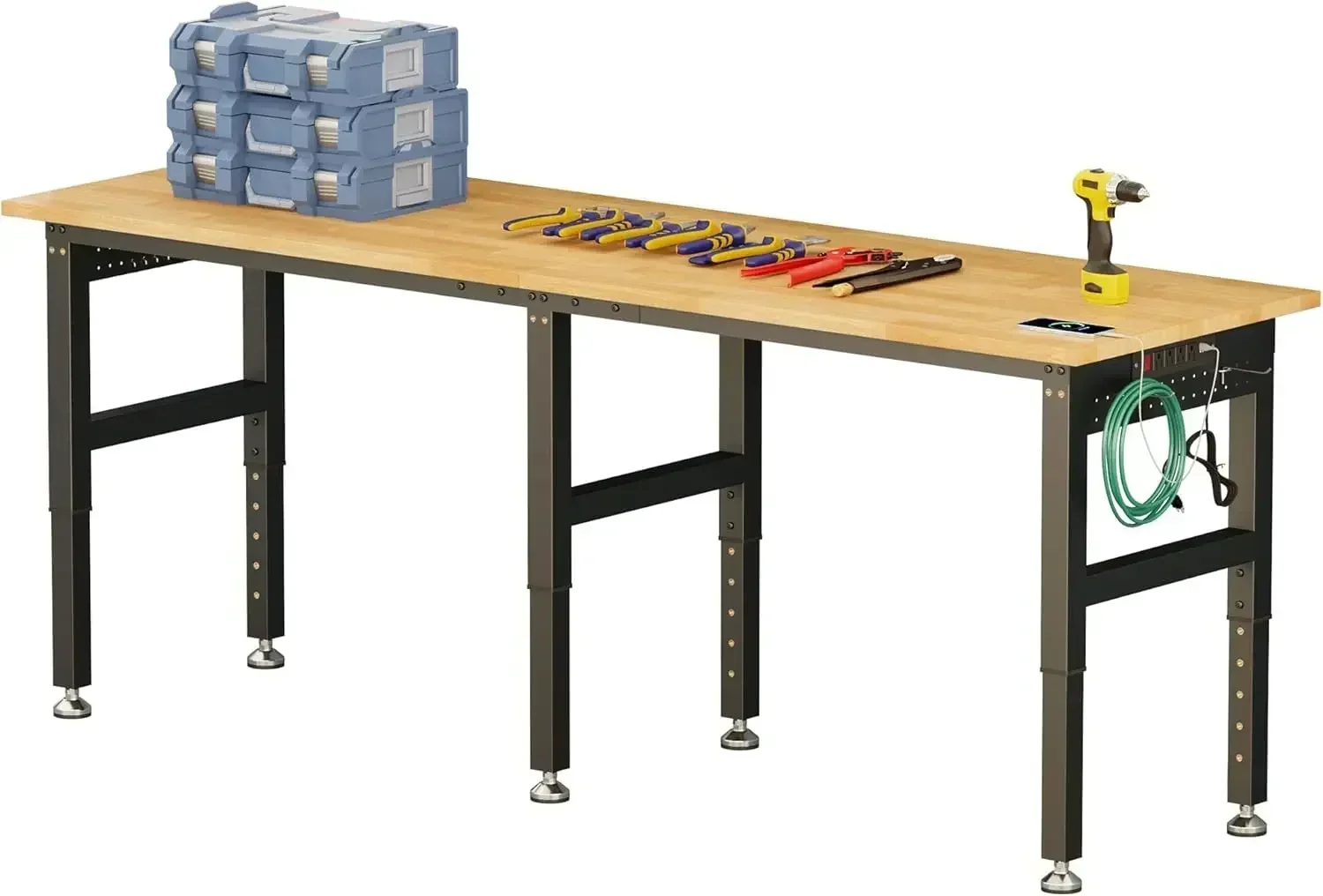 84“ Adjustable Heavy Duty Workbench with 4 AC Outlet and 2 USB Ports Power Outlets, 5000 Lbs Capacity, Rubber Wood Top