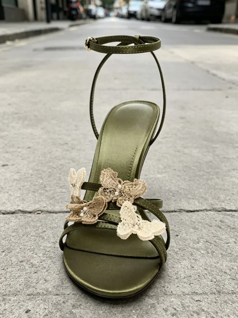 Elegant Butterfly Detail High-heeled Sandals Women 2026 Stylish Green Satin Ankle Strap Stiletto Heels Sexy Party Dress Shoes image 4
