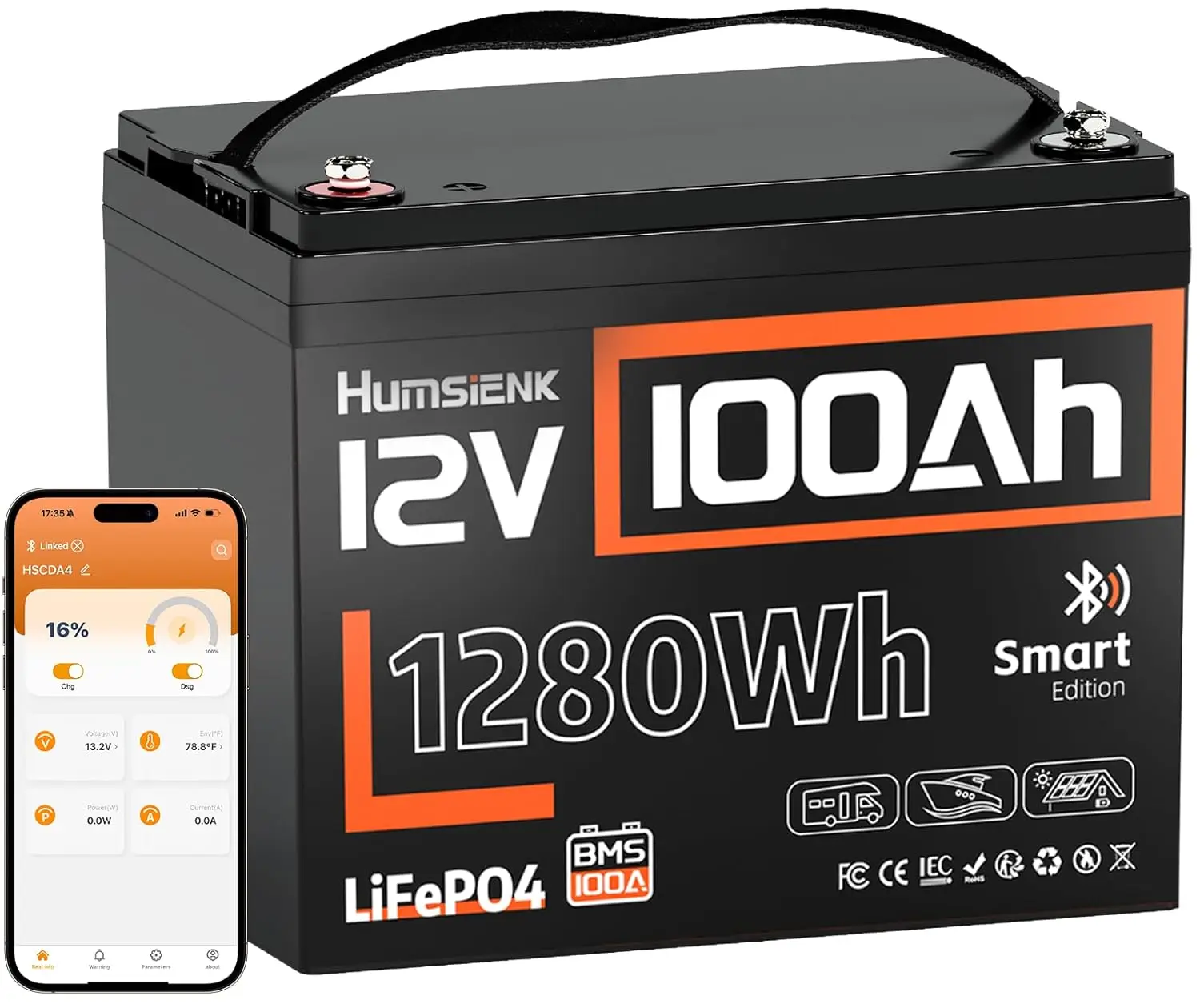 Литиевая батарея LiFePO4 12В 100Ач с Bluetooth (Группа 24), 15000+ циклов глубокого разряда, встроенная BMS 100А и защит
