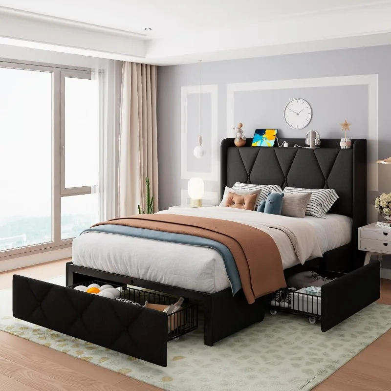 Bed Frame with 4 Storage Drawers, Upholstered Platform Bed Charging Station, Wingback Storage Headboard,Wooden Slats Support,