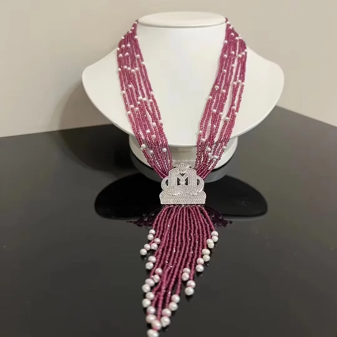 

20" New style 7strands pink jade s white freshwater pearl tassels necklace micro inlay zircon accessorie fashion je
