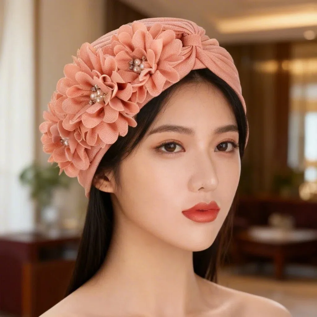 

2026 New Crinkle Flowers Turban Hijab Hats African Head Wraps Soft Elastic Muslim Hats Breathable Chemo Cap For Women Girls