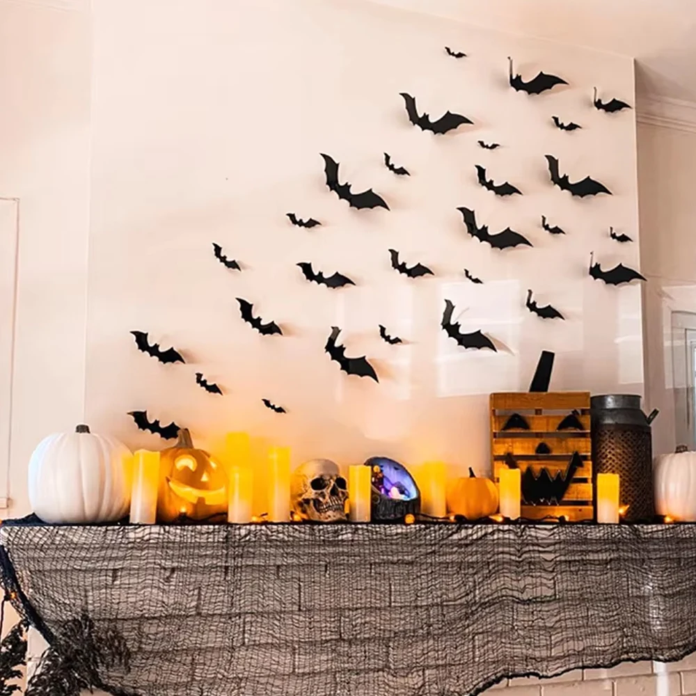 12/24/48/60pcs Halloween Bats Decoration 4 Different Size PVC 3D Black Scary Bat Sticker For Halloween Home Decor DIY Wall Decal