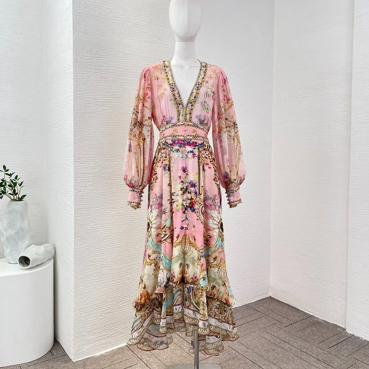 Pure Silk 2023 New Top Quality Vintage Elegant Pink Long Lantern Sleeve Floral Printing Diamonds Women Midi Dress