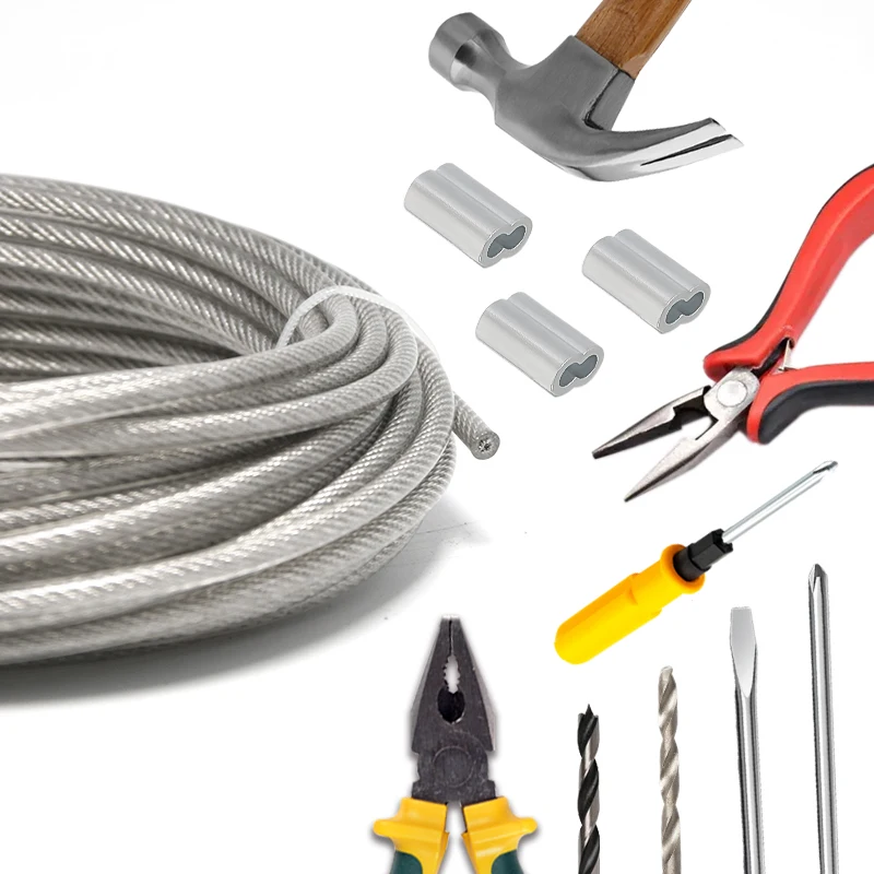 Picture 5: 10/20M 304 Stainless Steel Cable Suspension Kit with 3mm PVC Coated Cable and Double Hole Rope Clamp for Balcony Safety Rope