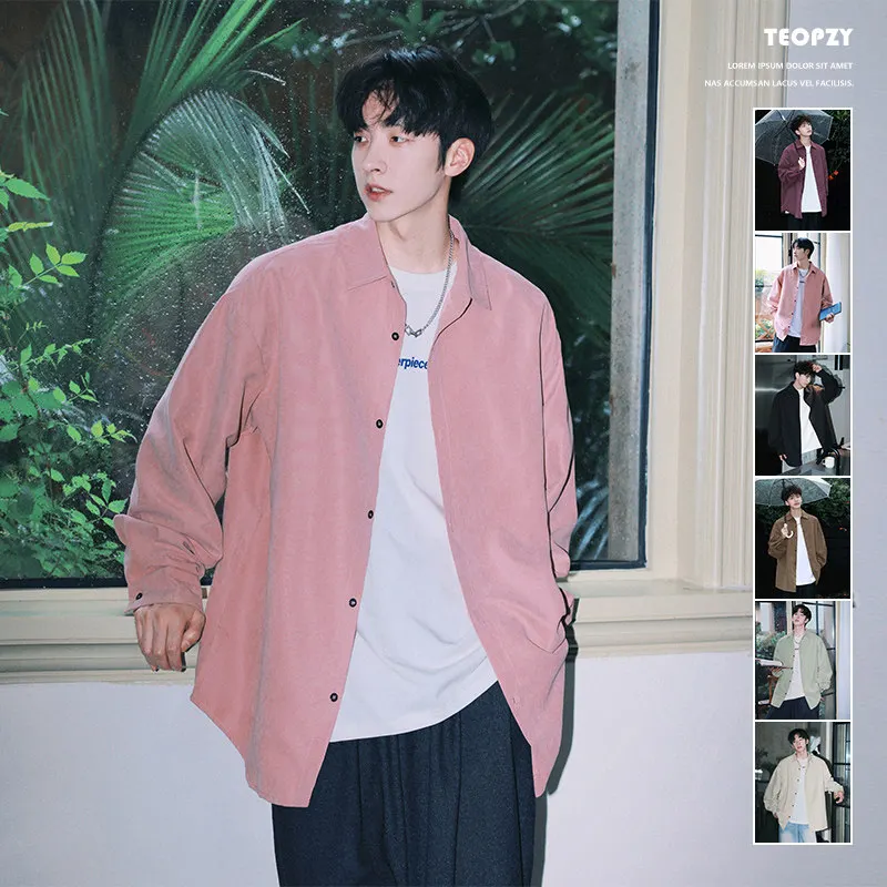 

Japanese Sle Long Sve Suede Velvet irt for Boys Teenagers Pink Couple Outerwear Loose Fit Youthful Trend Polyester Fiber