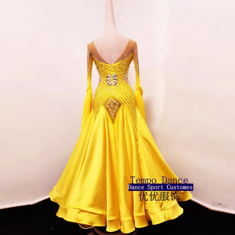 Standard Dance Dress Ballroom Dance Dress Women Ballroom Competition Costume Lycra Waltz Stage Costume Orange Long Sleeves