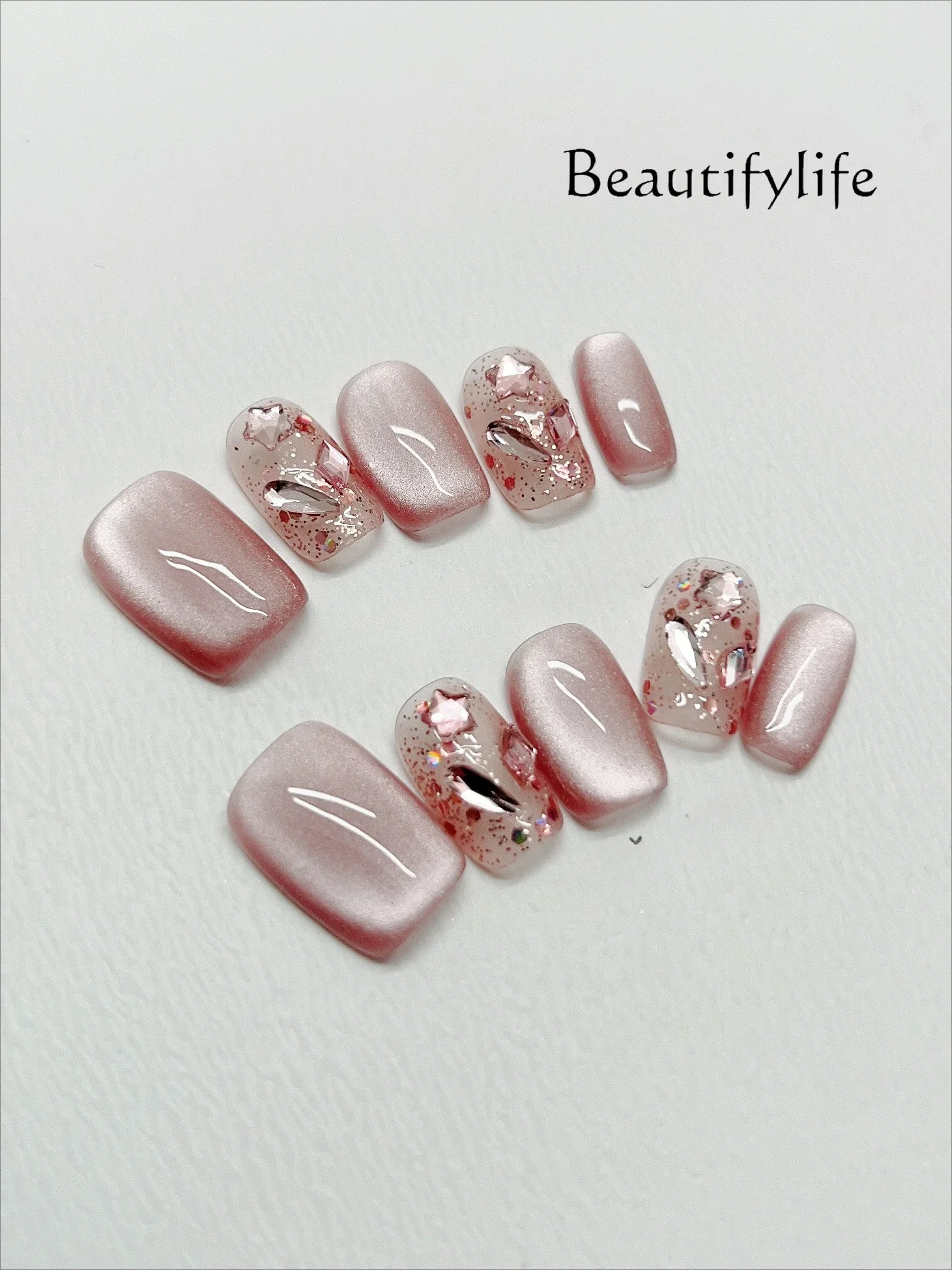 

Purely handmade custom manicure solid color cat eye ice powder short nail flakes