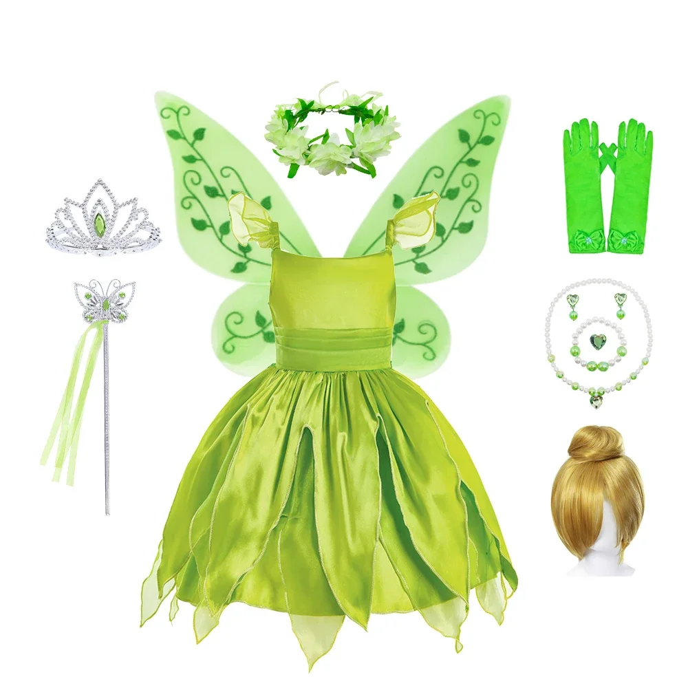Vestido de Hada de Campanilla verde para niña, disfraz de elfo del bosque de fantasía, vestidos de Campanilla de hojas para niño, trajes para niño