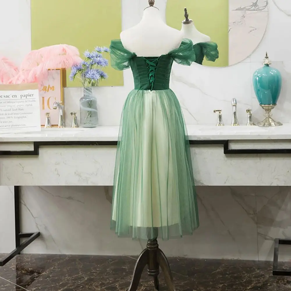 Elegant Green Bridesmaid Dress 3 Lengths Square Backless Off Shoulder A-Line Gown Unique Tulle Weave Texture Evening Vestido