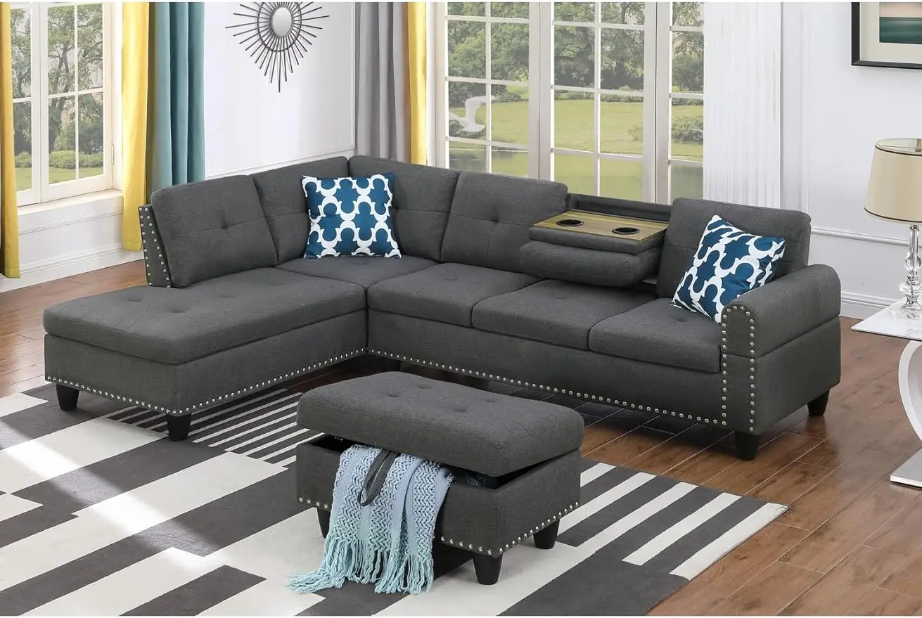 

Fabric Sectional Sofa Couch with Storage Ottoman, Living Room Set, Left Facing Chaise, 2 Cup Holders, 2 Throw Pillows