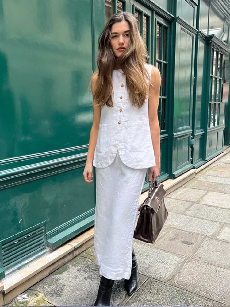 Conjunto de dos piezas de falda larga de cintura alta para mujer, conjunto de camisa sin mangas de un solo pecho, traje de otoño e invierno, 2023