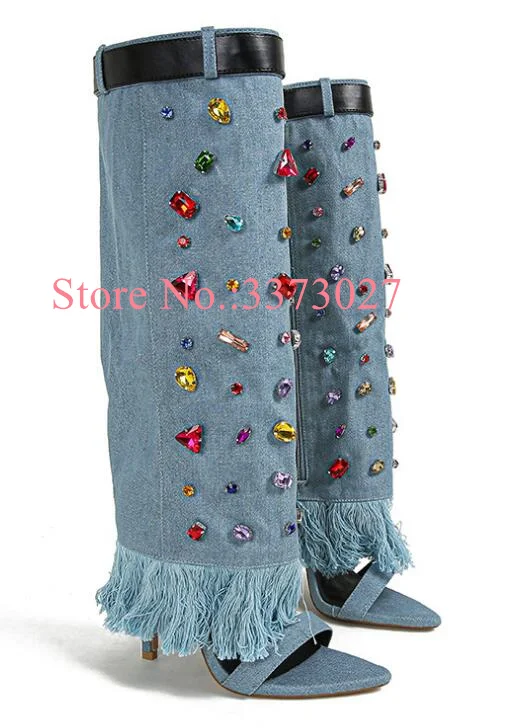 Crystal Decor Denim Lady Long Boots Sexy Fringe Pointed Toe Woman Knee High Boots Fashion Thin Heel Jean Sandals Boots