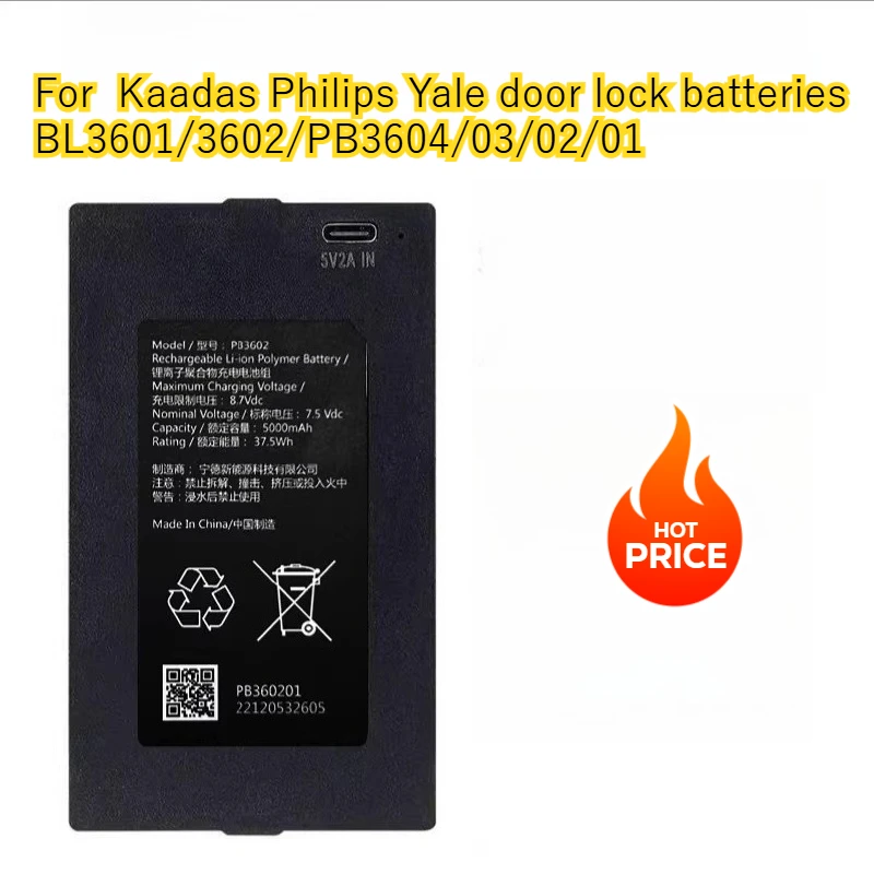 BL3601 7.4V 5000mAh Lithium Battery Fit Kaadas Yale Smart Lock BL3602 PB3604 PB3603 PB3602 PB3601 Door Lock Replacement Battery