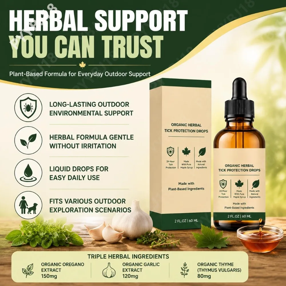 Organic Herbal Tick Protection Drops 24-Hour Plant-Based Tick Protection Oregano Garlic & Thyme Made with Pure Maple Syrup 60 ML