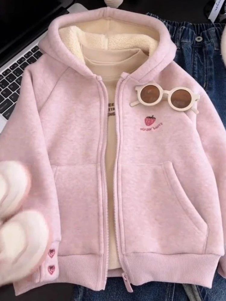 2026 Girls Fleece Hoodie Korean Thick Zip Up Sweatshirt Kids Autumn Winter Warm Coat