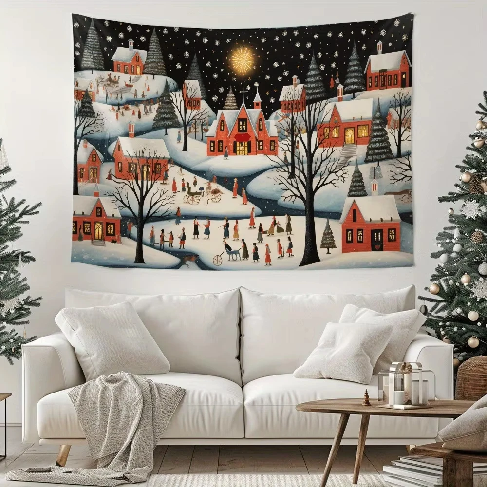 VIKAMA Weihnachten Winter Snowy Town Wandteppich Wohnzimmer Sofa Hintergrund Wanddekoration Wandteppich Urlaubsatmosphäre Dekoration