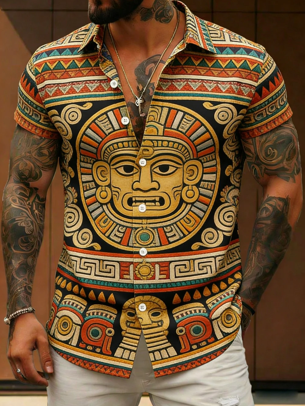 Men's Retro Ethnic Short-Sleeve Shirt Colorful Natural High-Definition Printed Shirt Hawaiian Vacation Outdoor Men's Clothing