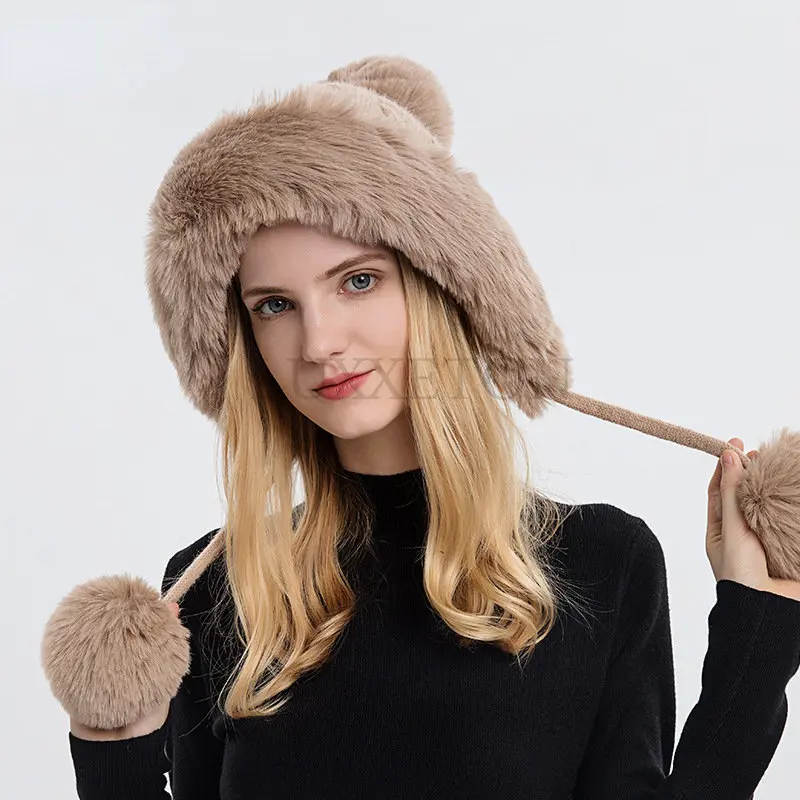 Winter Warm Knitting Hat Fur Women\'s Hat with Earmuffs Double Ball Outdoor Thickened Plush Fluffy World Hat New Product