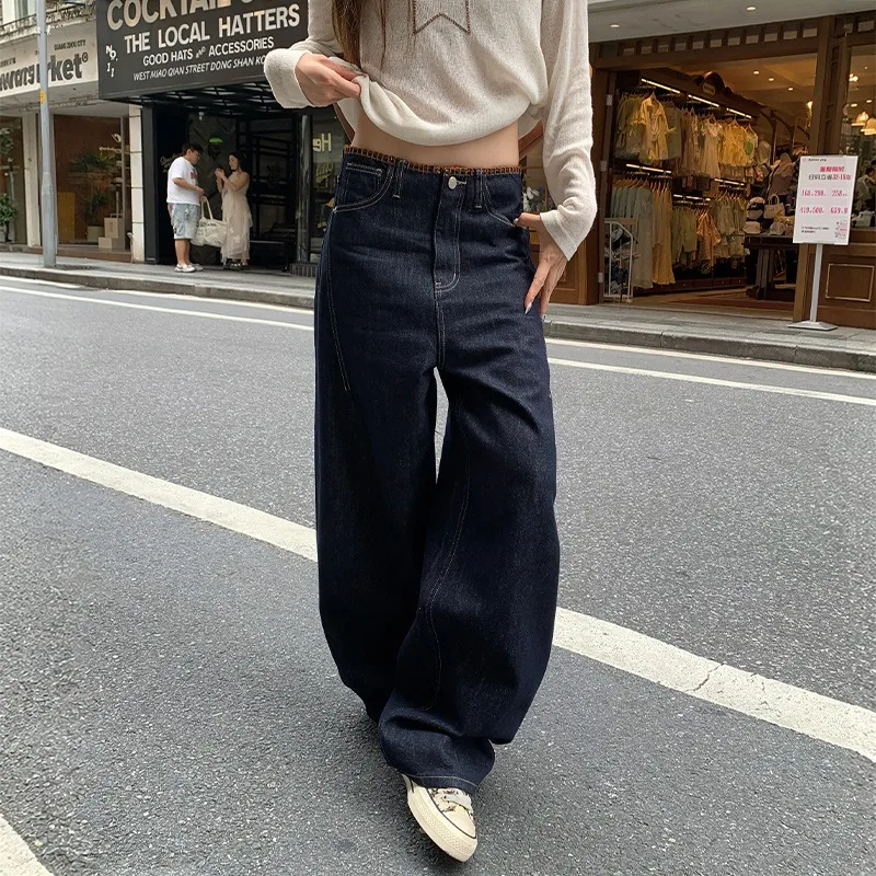 2026 New Womens Straight Denim Jeans Without Waistband Contrast Topstitch Hand Sewn Waist Edge Slim Casual Trousers