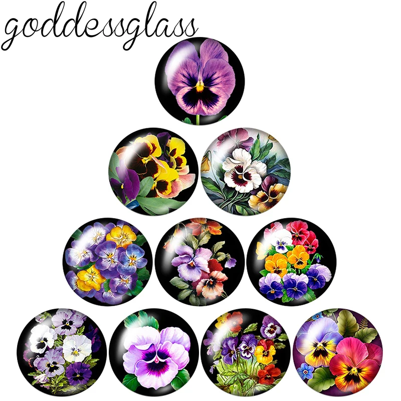 New Viola tricolor Pansy Flowers Beauty 10pcs 12mm/18mm/20mm/25mm Round photo glass cabochon flat back Necklace Making findings