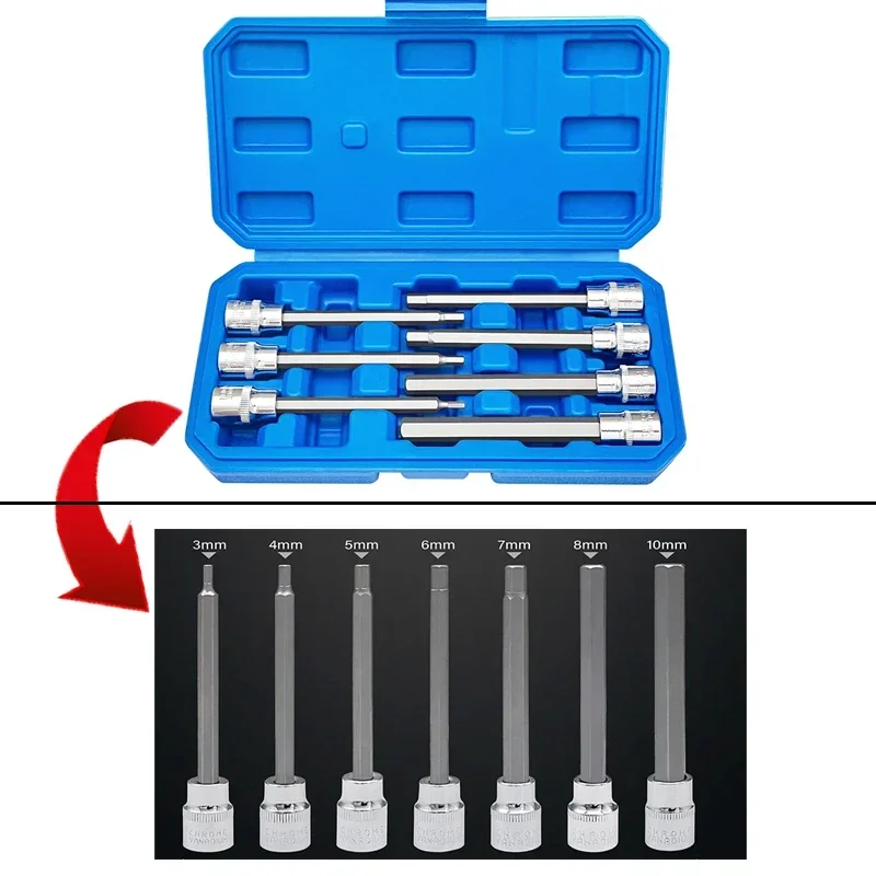 7Pcs Extra Long Hex Bit Socket Set H3-H10 CR-V and S2 Material 3/8inch Drive 110mm Length For Spanner Sleeve Repair Hand Tools