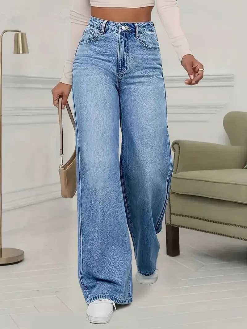 

2026 New Washed Sky Blue Loose Casual Wide Leg Jeans for Women Comfortable Fashionable Denim Trousers