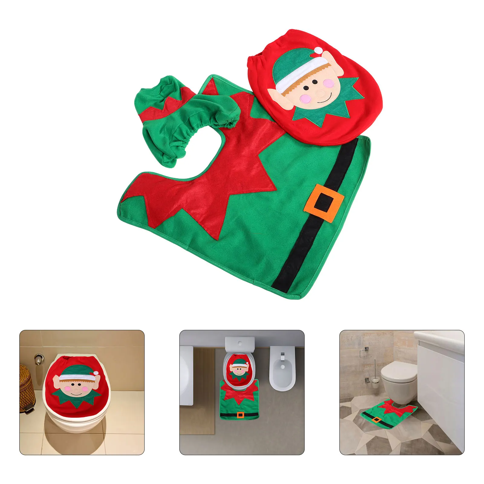 

3 pcs Christmas Seat Cover Set Elf Style Bathroom Rug Lid Covers Home Decoration Bathroom Toilet Mat Standard Fit