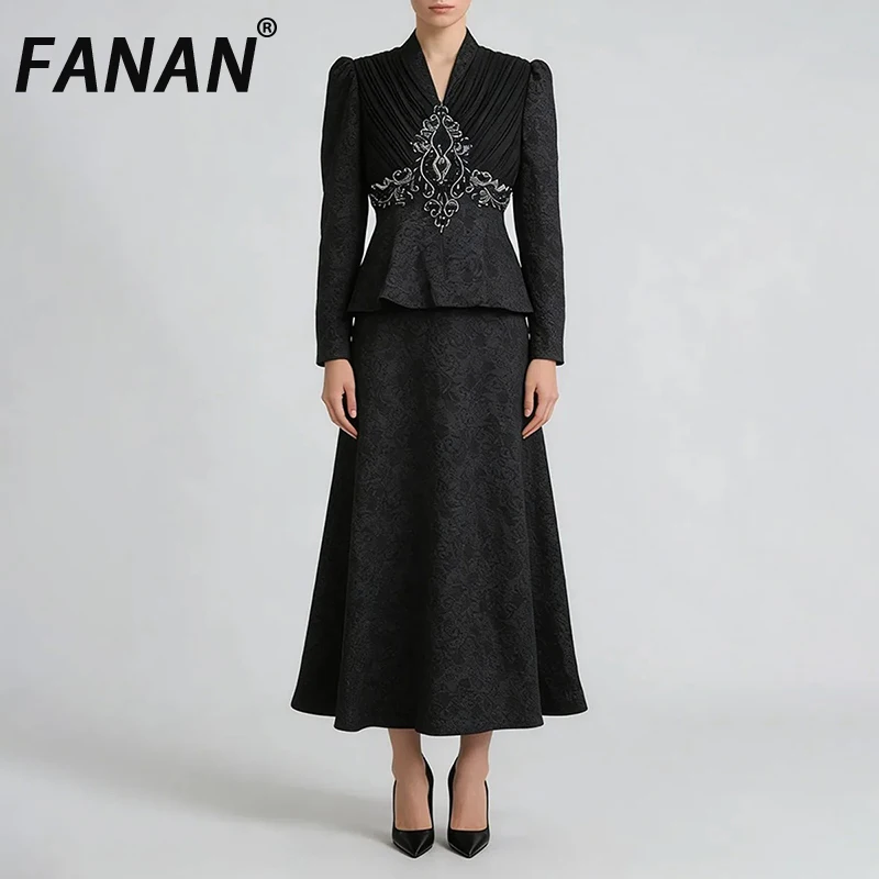 

FANAN Elegant Printing Two Piece Sets For Women V Neck Long Sleeves Tunic Spliced Beading Top High Waist Skirt Set Female