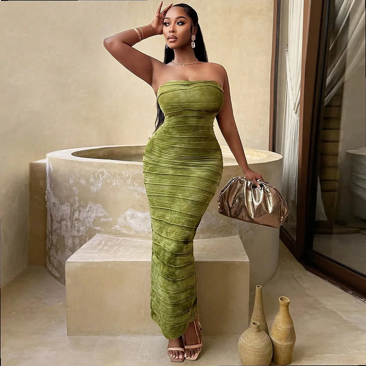 Sexy Backless Tie Dye Bodycon Dress, Ruched Tube Top Midi Dresses for Women Spring Summer